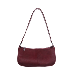Burgundy minimalist baguette shoulder bag with silver grommet straps and a sleek zipper