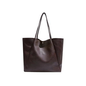 Large dark brown pebble leather tote bag with gold magnetic closure for commuting
