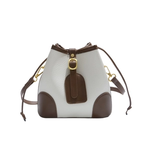 Contrast color bucket bag with white pebble leather and brown trim on a white background