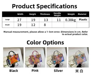 Size chart showing laser iridescent crossbody bag dimensions in various colors