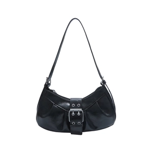 Retro black crescent shoulder bag for women with glossy finish and silver buckle