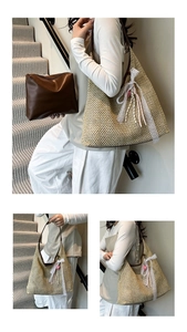 Detail view of woven straw tote bag with lace bow and leather clutch set for women