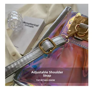 Detail view of the holographic crossbody bag with an adjustable silver shoulder strap