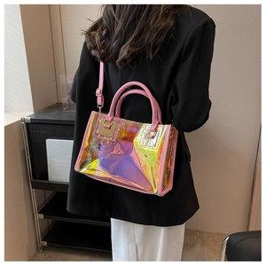 Detailed back view of laser iridescent crossbody bag with pink trim and shoulder strap