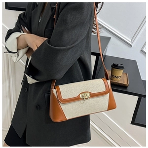 Close-up of beige canvas underarm bag with brown leather trim and golden lock