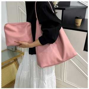 Pink pebbled leather tote bag set with matching zippered clutch bag and large capacity