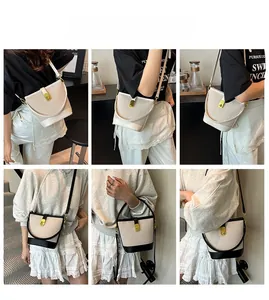 Collage of model showcasing woven bucket bag with leather trim as shoulder and crossbody bag