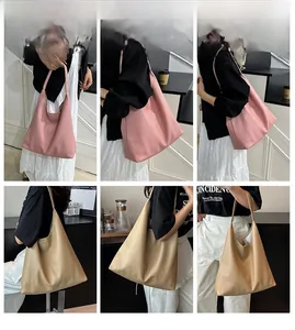 Collage of model wearing pink and beige minimalist tote bags in daily scenes