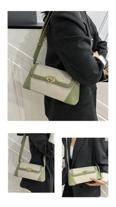 Detail showing the mixed beige canvas and green leather finish with gold twist lock