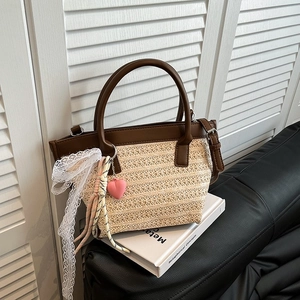 Borsa da spiaggia in paglia da donna con finiture in pelle e fiocco decorativo