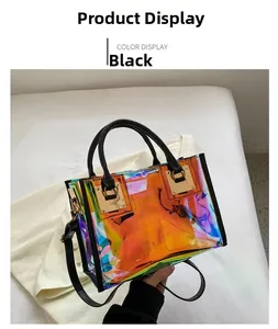 Close-up of holographic PVC square bag with black handle and gold hardware detail
