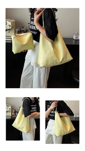 Pale yellow pebble leather tote bag set with matching zipper pouch and large capacity