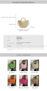 Detailed view of woven straw handbags in six colors with size and dimension specifications