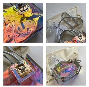 Detail shot of holographic laser small square bag showing shiny texture and metallic hardware