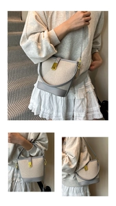 Detailed views of a beige tweed bucket bag with grey leather trim and gold metal lock