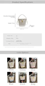 Size chart showing 15x10x18cm dimensions and colors for this PU leather bucket bag