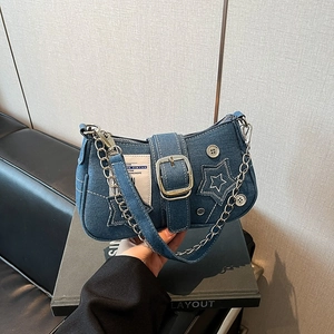 Women's Y2K Denim Star Shoulder Bag Vintage Street Fashion Chain Underarm Bag Denim Moon Shape Handbag For Lady