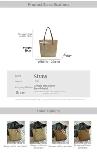 Detail showing handwoven straw tote bag dimensions and brown leather shoulder straps