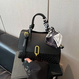 Minimalist black woven pattern crossbody bag for women with silk scarf and gold lock