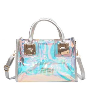 Chic laser iridescent transparent square bag with silver handles and gold hardware