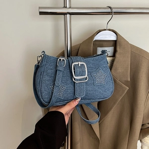 Y2K Star Rivet PU Leather Shoulder Bag For Women Vintage Denim Texture Underarm Bag Streetwear Metal Buckle Party Handbag