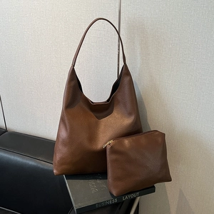 Brown lychee leather tote and pouch set, minimalist oversized hobo bag for women