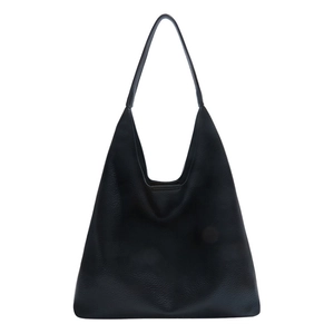 Minimalist black lychee pattern leather tote bag with wide strap for daily commute
