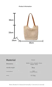 Detailed dimensions of the woven tote bag with handle measurements and product weight info