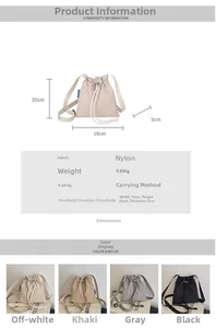 Size specifications and material chart for the large nylon drawstring bucket bag