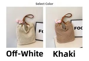 Detail view of woven mesh tote bags in off-white and khaki with brown leather straps