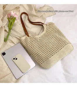 Detailed comparison of the woven tote bag size with an iPad and iPhone on a bed