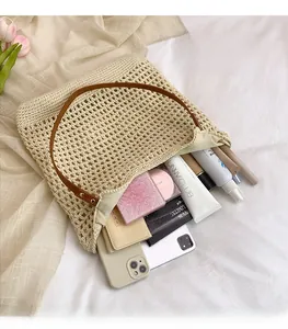 Detailed top view of a woven tote bag showing its large storage capacity for cosmetics