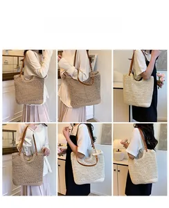 Detail view of woven straw tote bags with leather straps in cream and khaki colors