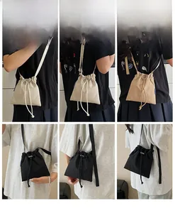Collage of large capacity drawstring nylon bucket bags in beige, khaki, and black colors