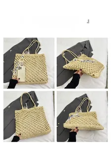 Straw woven tote bag with hollow design, blue eye charm, and interior fabric lining details