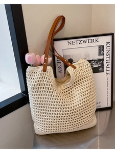 Women Large Capacity Straw Woven Tote Bag Handmade Crochet Hollow Shoulder Bag With Faux Leather Handle Beach Vacation Bag