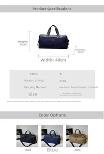 Detailed size chart for the large capacity fabric travel tote showing dimensions and colors