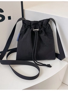 Women Nylon Drawstring Bucket Bag Pleated Shoulder Crossbody Bag Large Capacity Casual Travel Tote Solid Color Messenger Bag