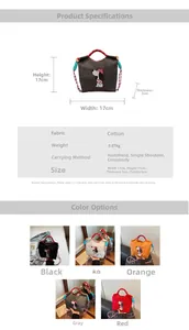 Detailed size chart and multi-color options for the embroidered dog canvas mini crossbody bag