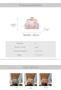 Guide des tailles détaillé pour sac à main montrant dimensions 20x13x6cm et tissu