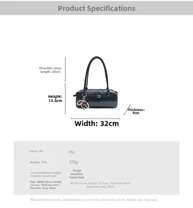 Detailed size chart for black PU shoulder bag showing 32cm width and pearl heart charms