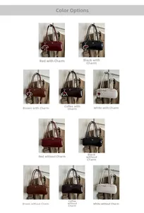 Multiple views of minimalist chic underarm bags in red, black, brown, and white leather