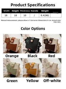 Detailed spec chart and color options for PU leather crossbody bag with sunflower charm