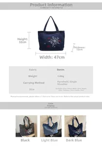 Detailed size specifications for vintage gothic spider web denim tote bag with dimensions