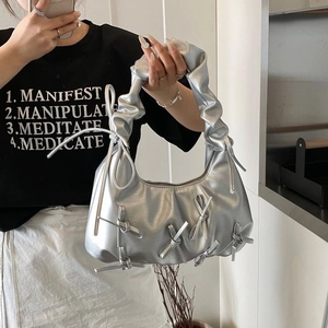 Sac à Épaule pour Femmes en Cuir PU avec Nœuds et Fronces Sac Sous le Bras Vintage Plissé Couleur Unie Sac Hobo Mode