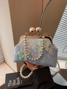 Sac Bandoulière Vintage Brodée Papillon Avec Fermoir à Baiser Poignée en Künstliche Perles Et Longue Bandoulière Élégant Sac à Main Femme