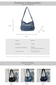 Detailed size chart and multi-color options for large capacity denim tote bag with dimensions