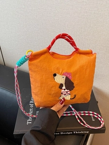 Women Fashion Cartoon Dachshund Embroidered Crossbody Bag Small Fabric Shoulder Handbag With Colorful Woven Rope Strap Travel Purse