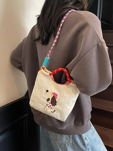 Minimalist canvas dachshund embroidery drawstring crossbody bag with colorful woven strap