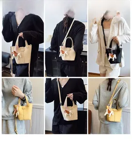 Collage of leather bucket bags in multiple colors with horse charm and various carrying styles